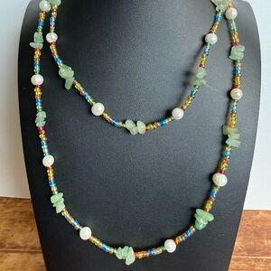 Multicolor and Pearl Boho Beachy Beaded Necklace with Green Accents